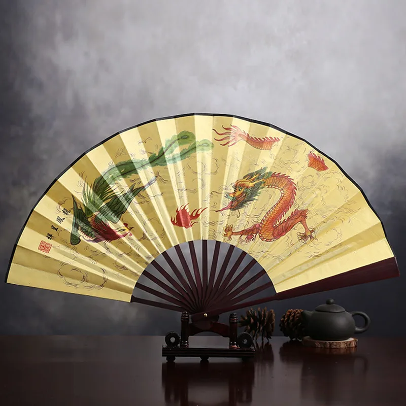 Large Folding Hand Fan for Men, Portable Decorative, Chinese Floral Animal Pattern, Traditional Silk Fabric Fans, Gift, 13 in