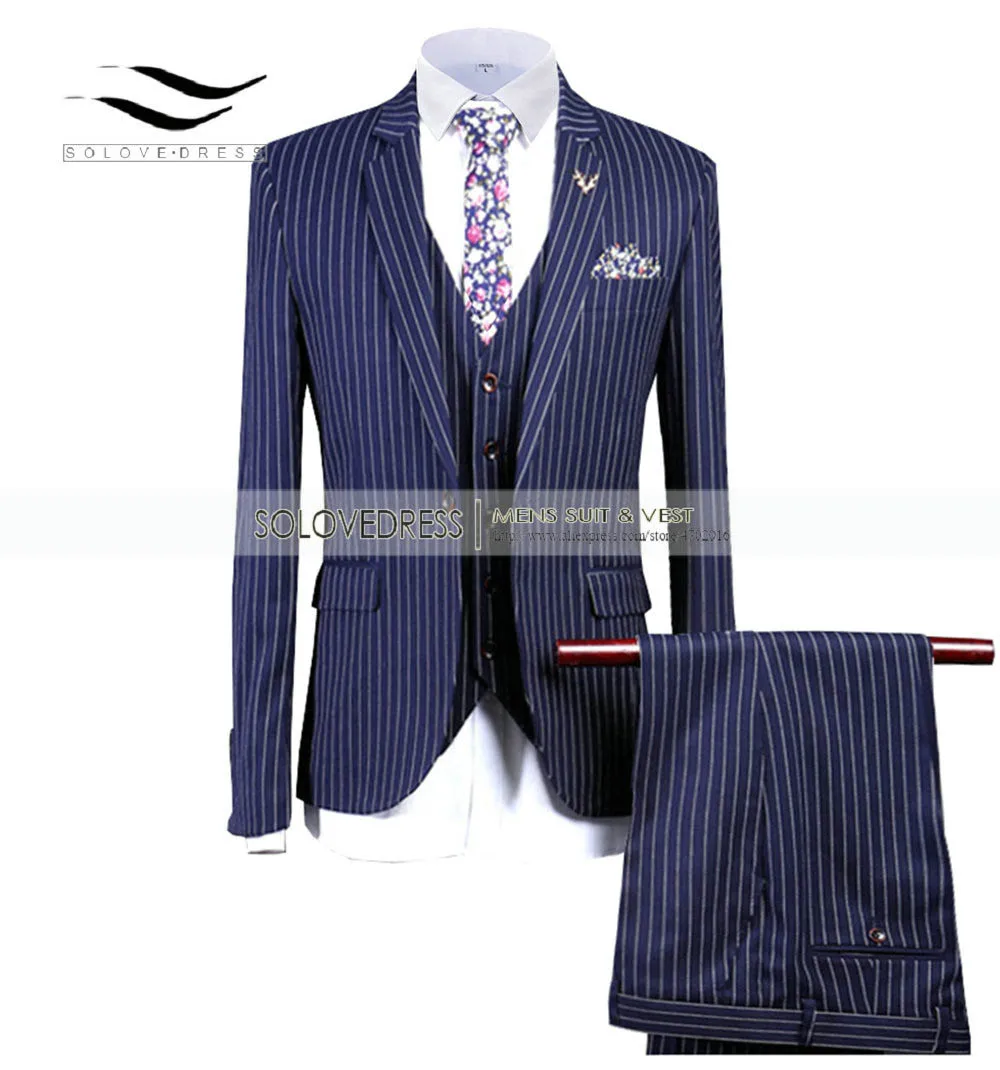 2020 New Men's Pinstripe Suit Three-Pieces Slim Fit Formal Bussiness Notch Lapel Tuxedos Best Men For Wedding(Blazer+Vest+Pants)