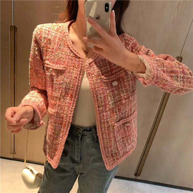 2021 Spring New Tweed Slim High quality Pink Jacket Women French Temperament Fashion Jacket Small Fragrant Wind Jacket Women