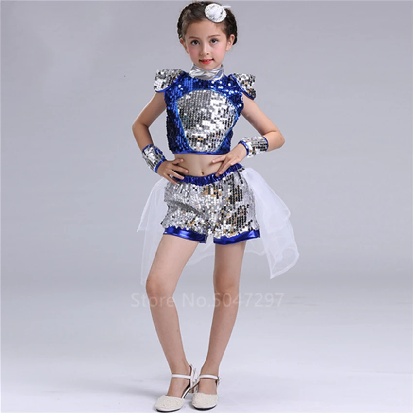 Children Jazz Dance Costume Hip-hop Sequins Dress 2Pcs for Baby Girls Ballroom Dance Competition Dresses Boy Kid Top Set Clothes