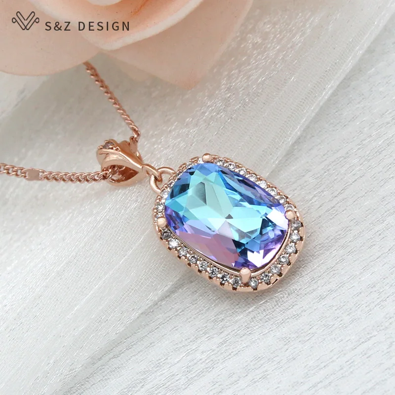 S&Z DESIGN Trendy Cubic Zirconia Square Crystal Pendant Necklace For Women Wedding 585 Rose Gold Color Fashion Jewelry