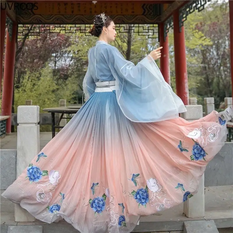 Pakaian Tradisional Cina Set Hanfu Kostum Cosplay Gaun Peri Bordir Cantik Wanita Pakaian Putri Gaya Oriental Kuno