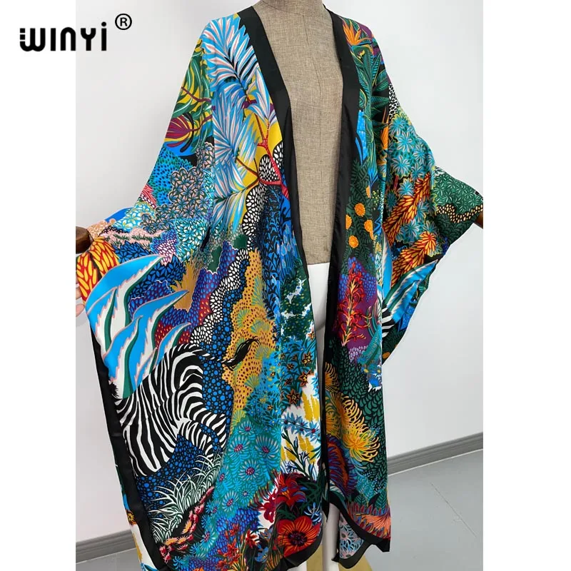 Middle East Autumn 2021 WINYI Women Cardigan Loose Long Dress Cocktail Party Boho Maxi African Holiday Batwing Sleeve Silk Robe