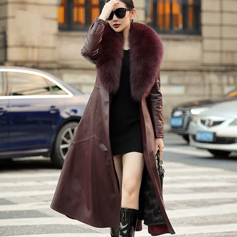 Women Winter Luxury Fox Fur Collar Down Coat Elegant Slim Real Leather Sheepskin Overcoat Thick Warm Office Lady Long Jacket