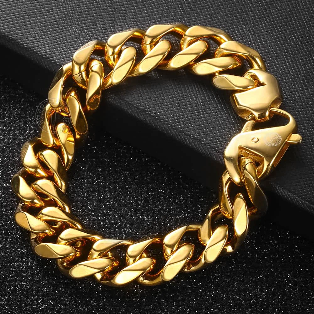 15mm 316L Stainless Steel Bracelet for Men Gold Color Heavy Curb Link Chain Bracelet Jewelry for Male 8-10inch Dropship LHB506