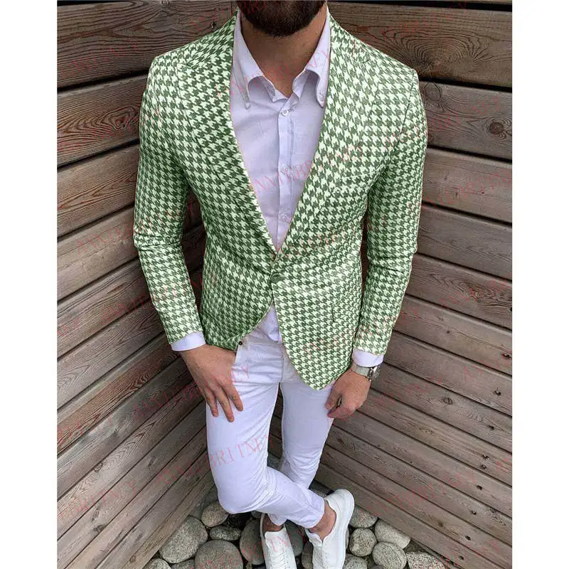 

Newest Houndstooth Men's Suits 2Pcs Slim fit Bridegroom Wedding Suits Tuxedo Green Men's Marriage Blazer Casual Jacket Pants Set