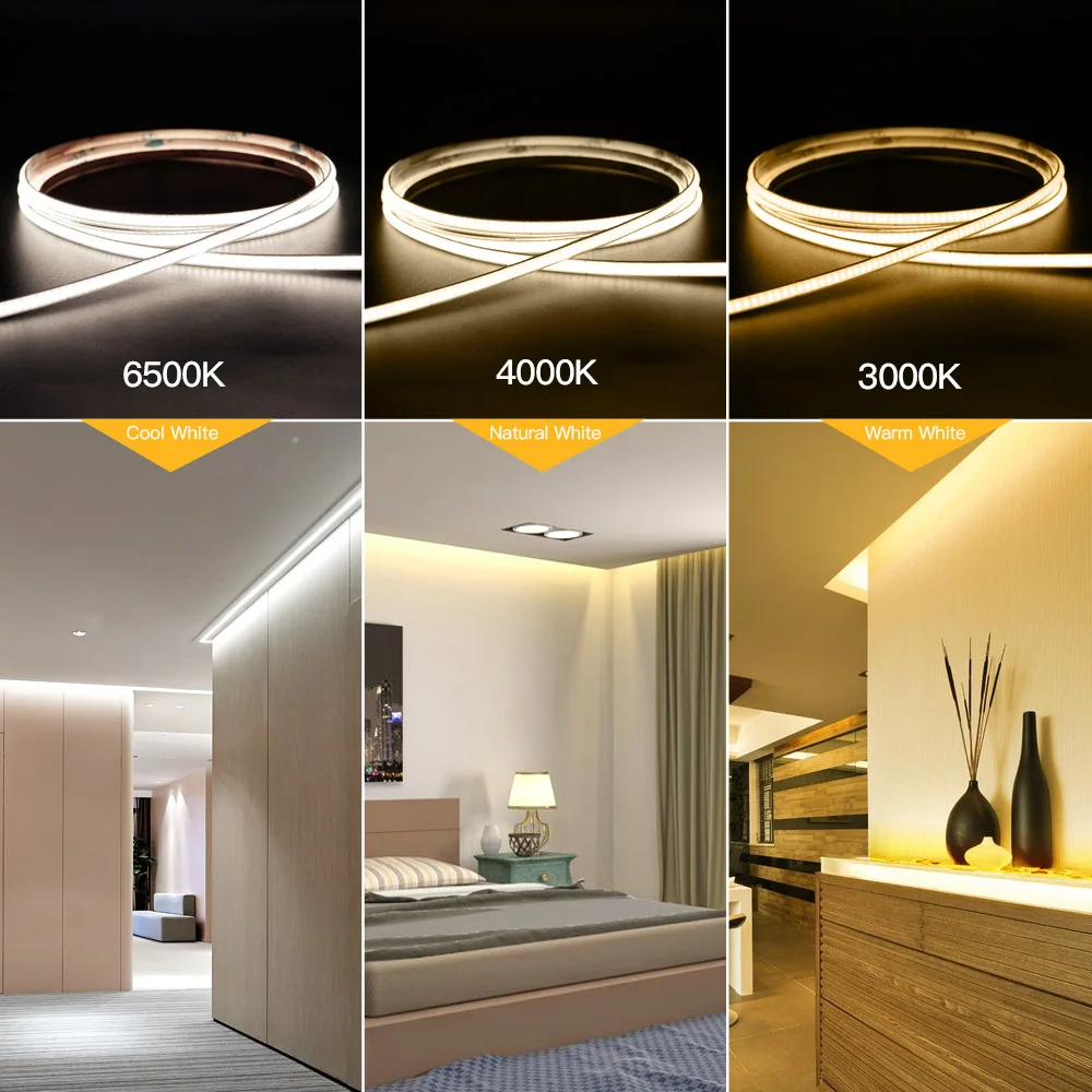 CRI 90 High Brightness 8mm Cuttable Flexible COB LED Strip DC12V 24V Warm Nature Cool White Linear Light Bar Tape for Home Decor