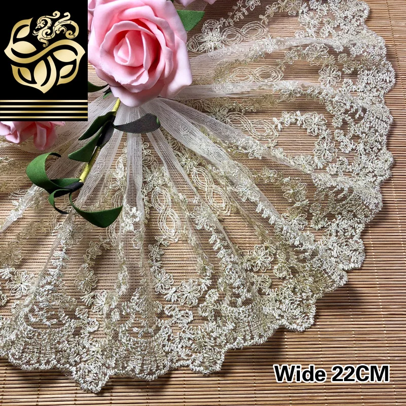 22CM Brede Elegante Gouden Lijn Mesh Kant Stof Borduren Lint Trim Jurk Guipure Sjaal Kleding DIY Naaien Accessoires