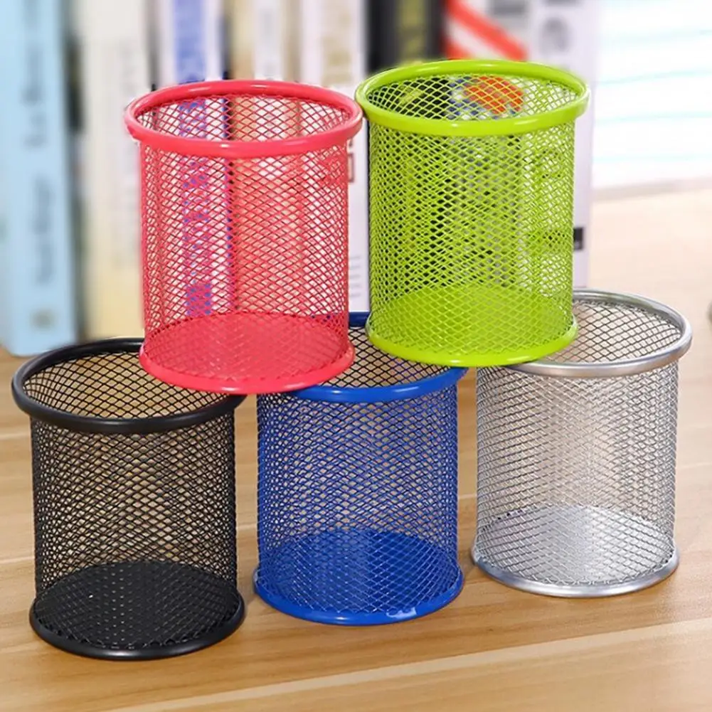 

Iron Mesh Pen Holder Office Desktop Pencil Stationery Case Fashionable Decoration Round Square Desk Storage Box