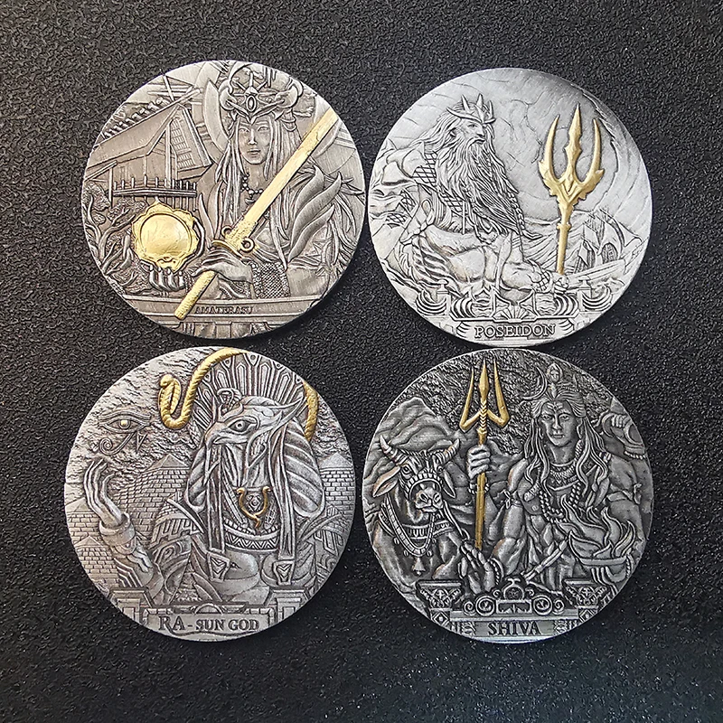 Non-Magnetic 4PCs Ancient Egypt Greek RA SUN GOD & AMATERASU & POSEIDON & SHIVA Colored Commemorative Coins Lucky Souvenir Gifts