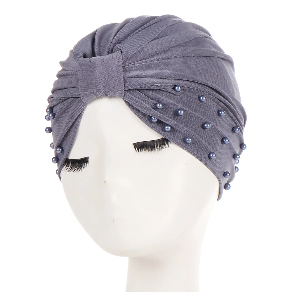 Hot Pearl Hemp Beading India Hijab Turban Elastic Muslim Hat Chemo Cap Headwrap Solid Bandanas Knot Black Pink New Hat Headwear