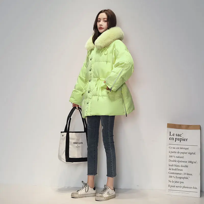 Korean Fashion Down Coat Parka Women Long Warm Winter Jackets Fox Fur Collar Hooded Down Coats Womens Candy Colors Down Outwear