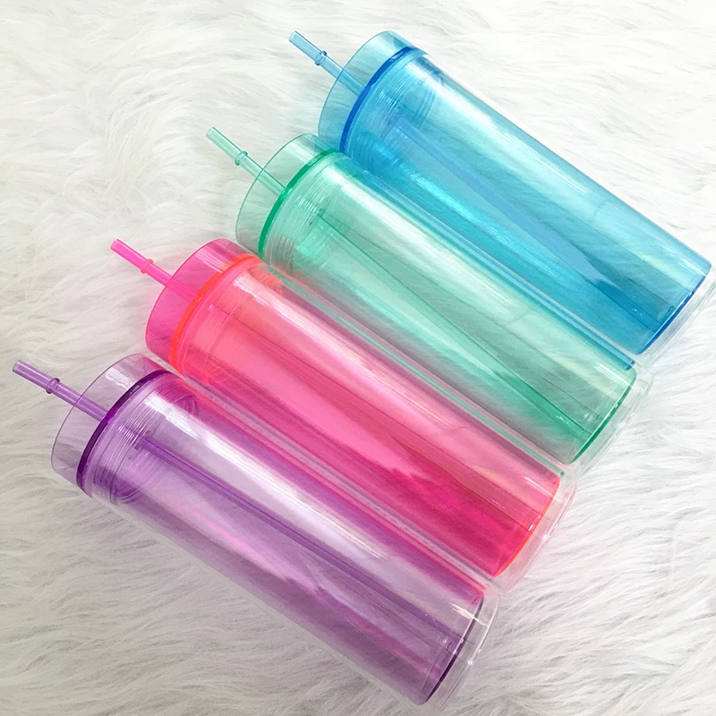 20pcs/Lot Plastic Skinny Tumbler With Lid And Straw 22oz Acrylic Water Bottle Mug Cups Drinking Double Wall For Milk Juice