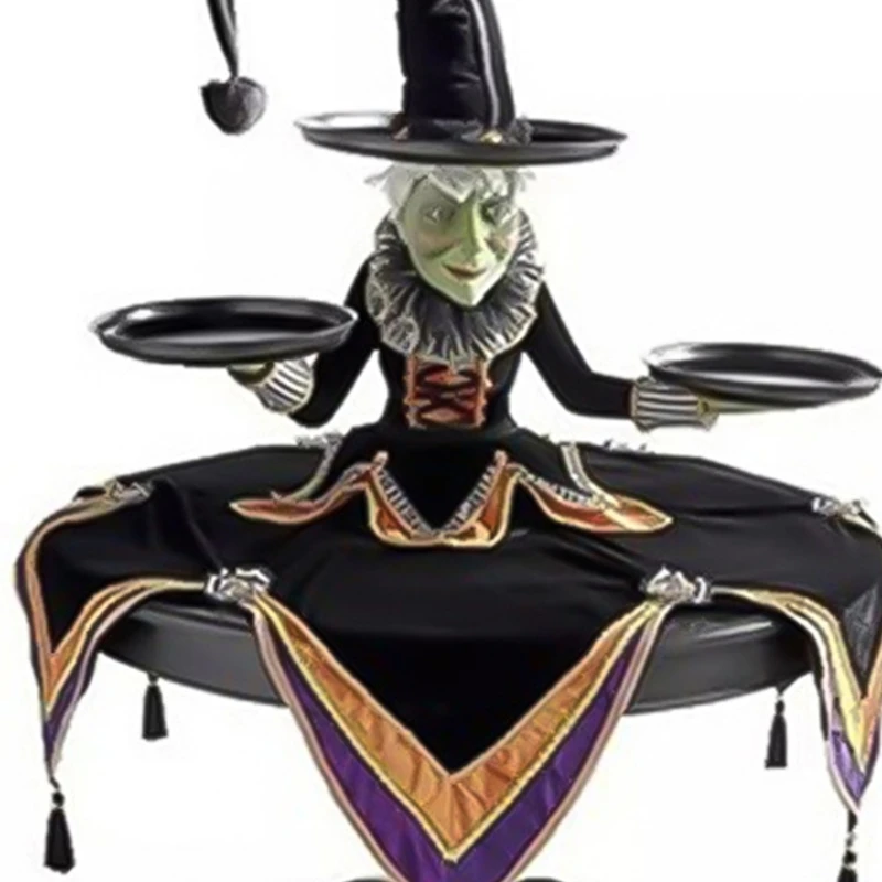 F2TE Halloween Witch Tabletop Server with Harlequin Tablecloth Cupcake Display Stand Home Decoration Resin Statue Tray