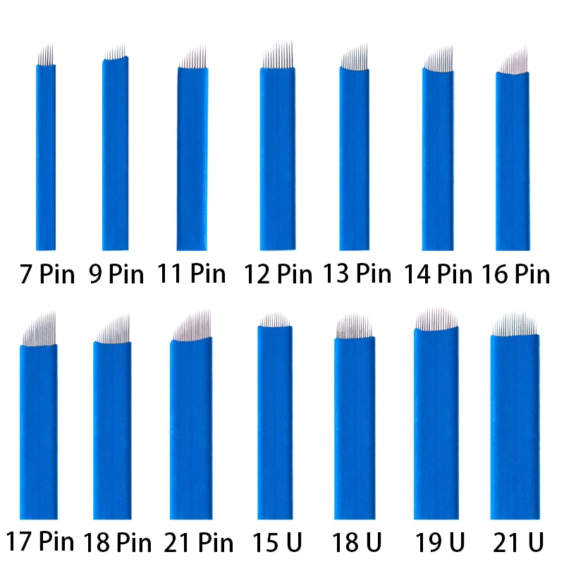 

500 Pcs Microblading Tattoo Needles 7 9 12 14 16 18 21 U Shape Blue 0.2mm for Permanente Makeup Eyebrow Blades Manual Pen