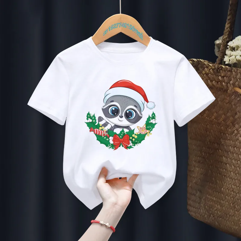 Merry Christmas Deer Cartoon Cute White Kid T-shirts Children Summer Girl Gift Present Clothes Boy Animal TOps Tee,Drop Ship