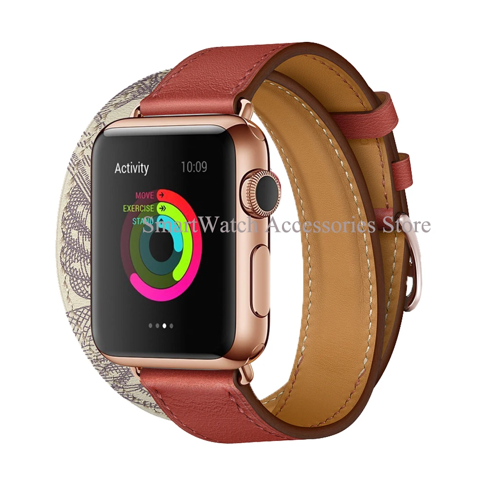 For Apple Watch Band 7 6 5 4 3 2 1 SE Rose Gold Buckle Double Leather Apple Watch 45mm 41mm 44mm 40mm 42mm 38mm Strap For iWatch