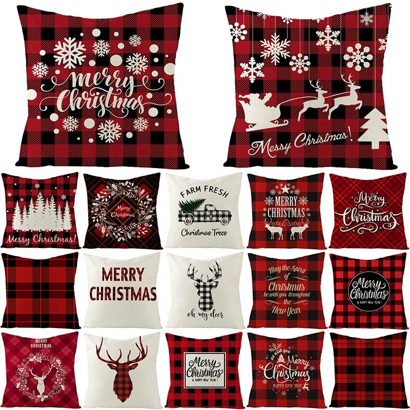 1Pcs Christmas Deer Alphabet Black Red Plaid Pattern Cotton Linen Throw Cushion Cover Car Home Sofa Decorative Pillowcase 40667