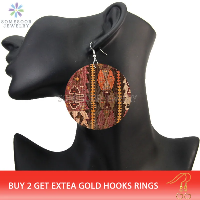 SOMESOOR Afro Fabric Design Wooden Drop Earrings African Ethnic Bohemian Pattern Printed Loops Dangle Jewelry For Women Gifts