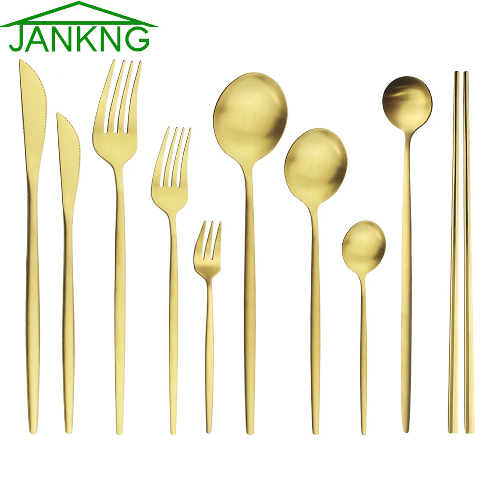 6Pcs Gold Matte Dinnerware Sets Stainless Steel Cutlery Set Dinner Knife Fork Spoon Dessert Fork Flatware KitchenTableware Set