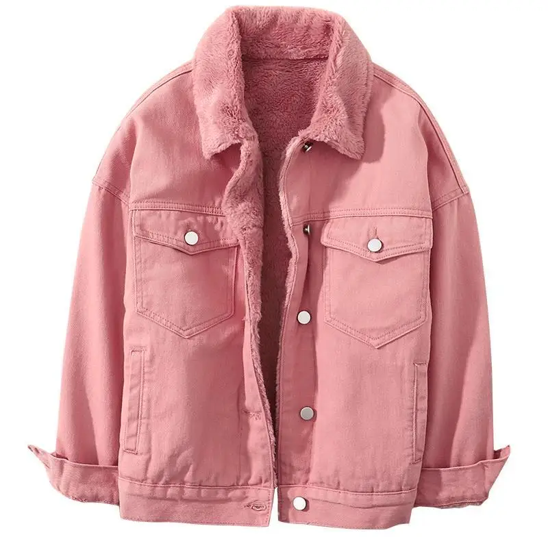 Women\'s Autumn and Winter Denim Fleece Jacket Korean Version Loose Fashion Pink Warm Denim Jacket Women\'s Streetwear Coat 2022