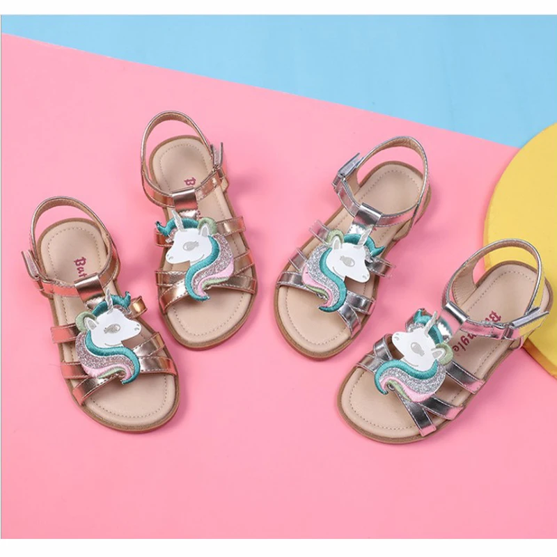 Unicorn girls sandals bright metallic kids girls sandals Adjustable customized fit princess summer shoes