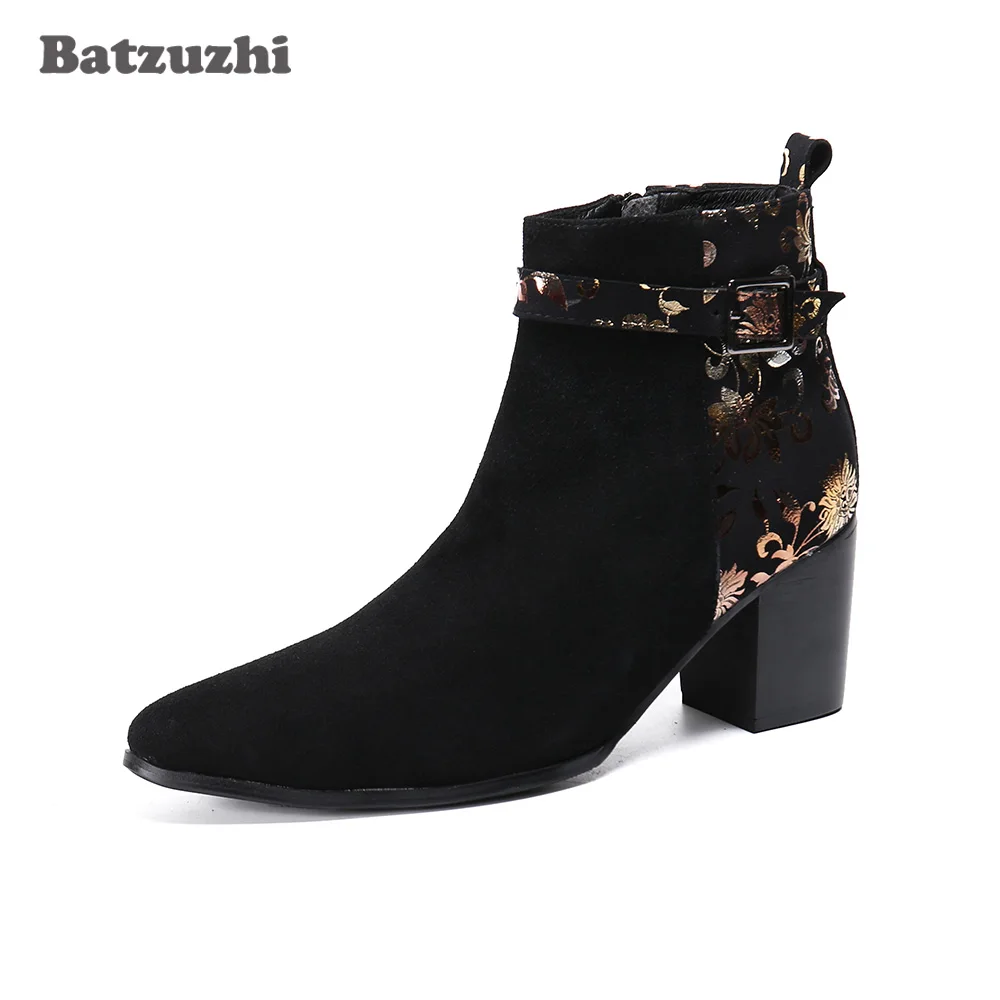 

Batzuzhi 7.5cm High Heels New Design Men Boots Shoes Pointed Toe Black Suede Leather Ankle Boots for Wedding & Party, Size 38-46