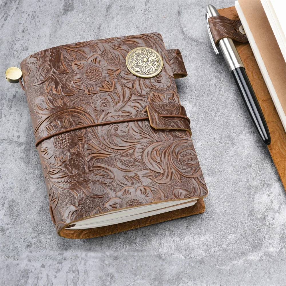 Foggy Wax / Carved Leather Notebook DIY Handmade Journal  Cowhide Portable Diary Retro Travel Notebook Personal Customized Book