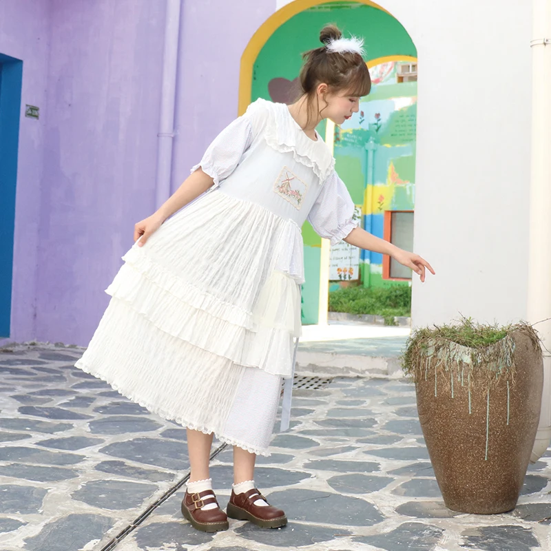 Robe d'été à carreaux en dentelle pour filles, douce et mignonne, avec col bleu marine, taille haute, style victorien, gothique, kawaii, nouvelle collection