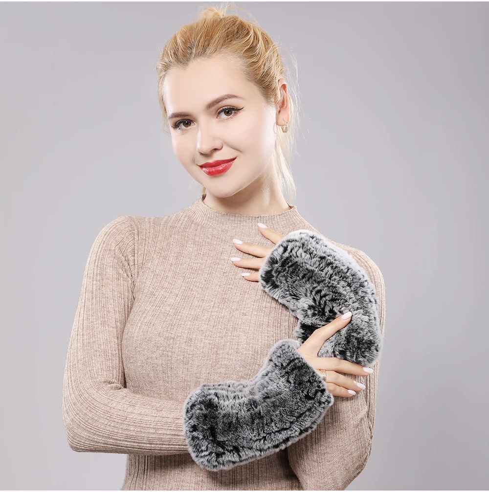 New Women 100% Real Genuine Knitted Rex Rabbit Fur Mittens Winter Warm Lady Real Fur Fingerless Gloves Handmade Knit Fur Mitten