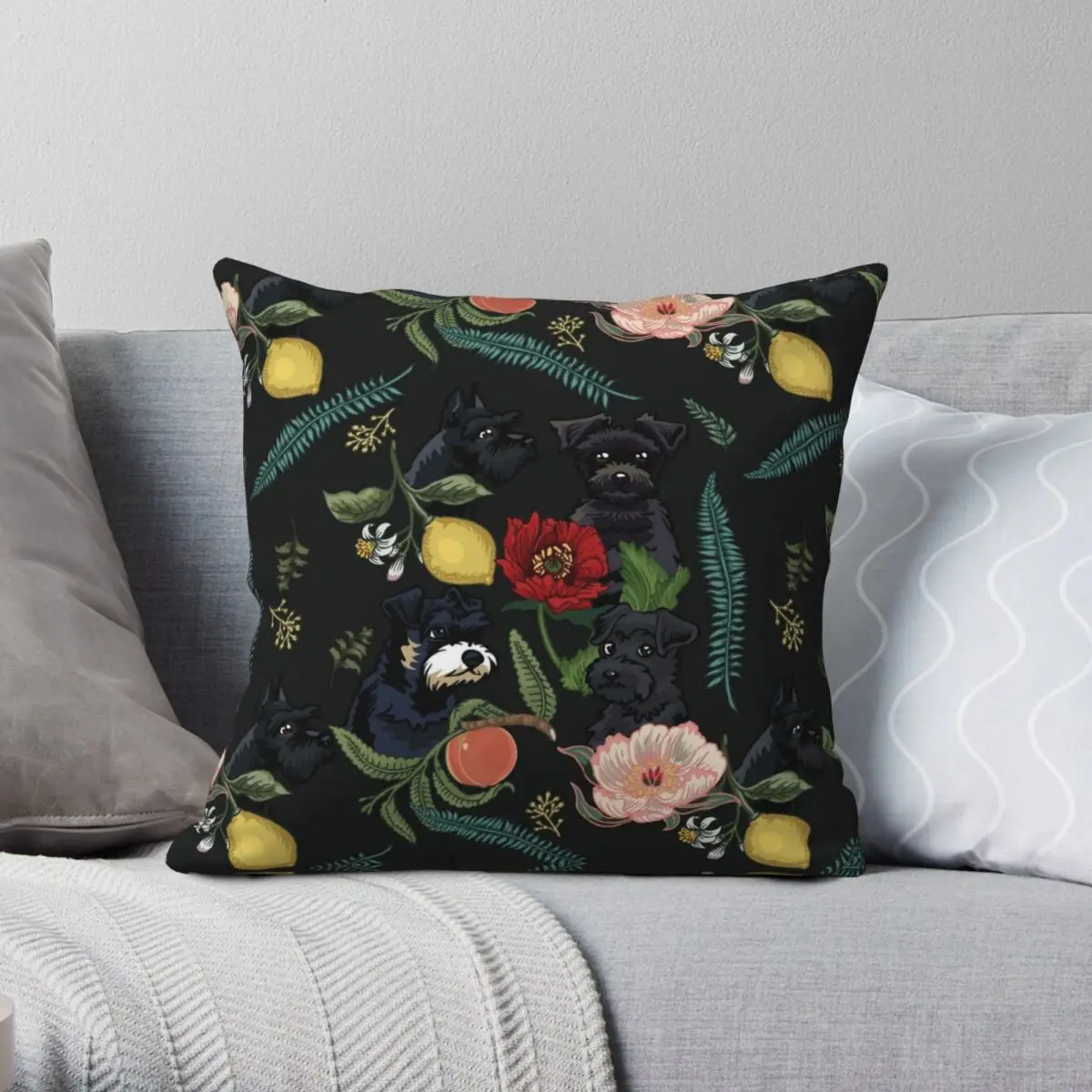 Botanical And Black Schnauzer Square Pillowcase Polyester Linen Velvet Pattern Zip Decor Pillow Case Sofa Cushion Cover