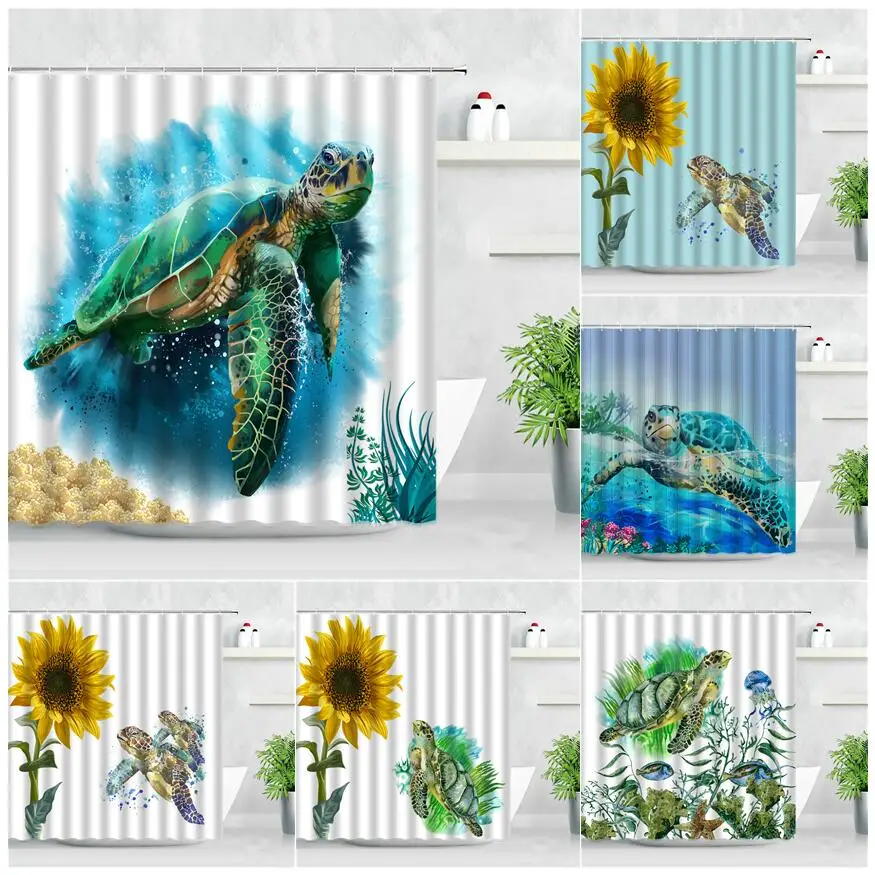 Sea Turtle Shower Curtains Ocean Animals Sunflower Green Leaf Creative Water Color Art Modern Waterproof Bathroom Decor Curtain