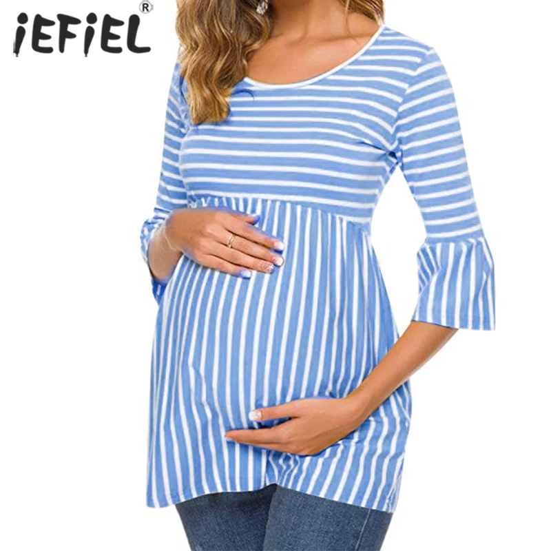 2021 Autumn Pregnant Women Loose Style O-neck Pregnancy Striped T-shirt Plus Size Maternity Casual Flare Sleeve Ruffle Tops