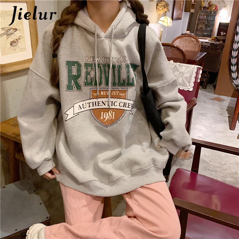 Jielur Korean Fashion Hoodies for Women Hooded Warm Fleece Gray White Sweatshirt Female Winter Loose Leisure M-XL Size Print Top