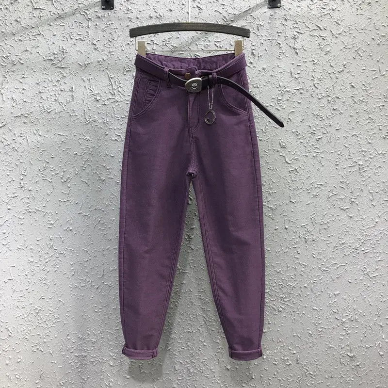 

Ladies Dark Purple Jeans New Spring Autumn Women Harem Pants All-match High Waist Embroidery Letter Cotton Elastic Denim Pants