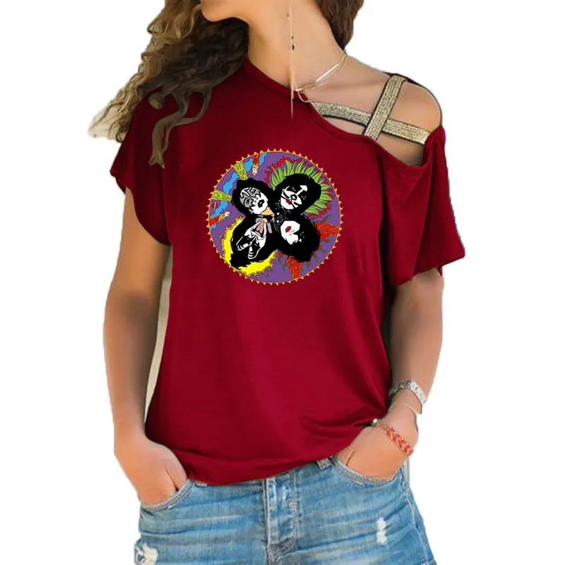 Kiss T Shirt Women Short Sleeve Vintage 1980 Rare Rock Band Concert tee 80\'s Girls T-shirt Irregular Skew Cross Bandage Tee Tops