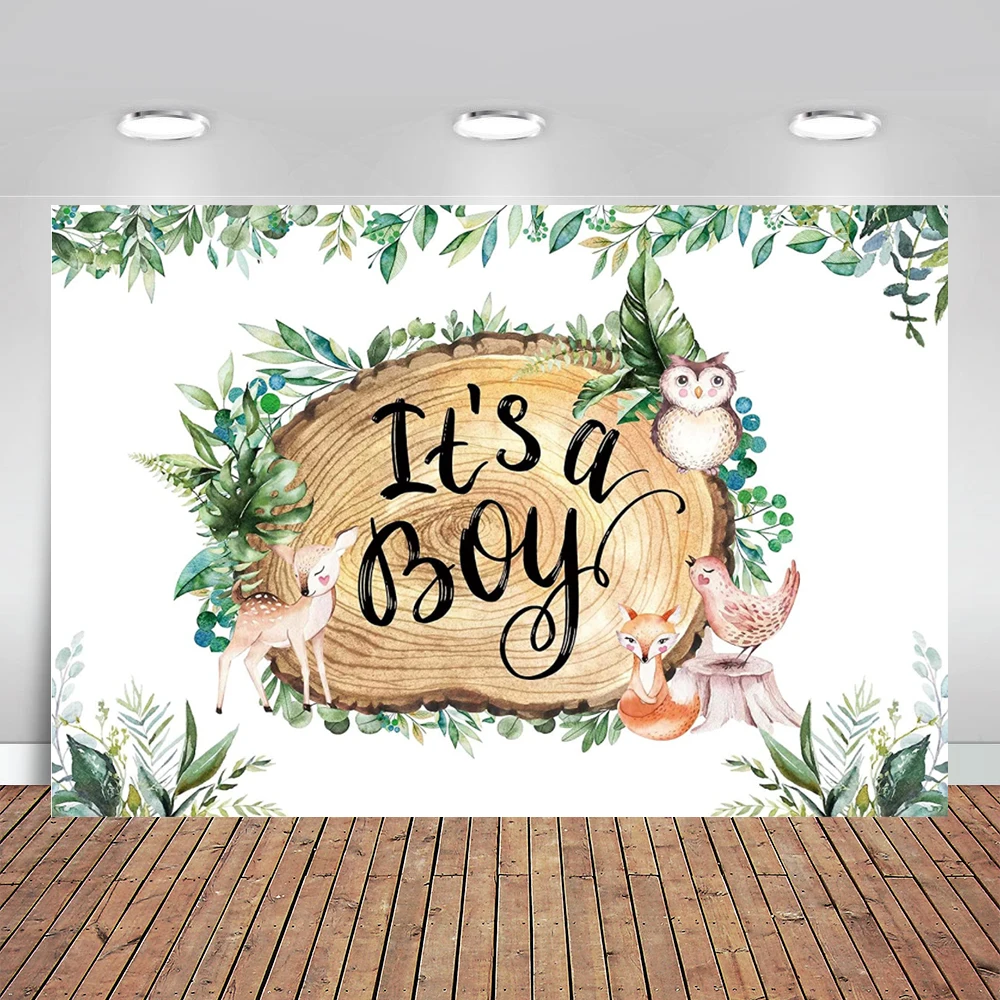 

It's A Boy Baby Shower Backdrop Woodland Animals Photography Background Greenery Safari Animals Party Decorations Banner