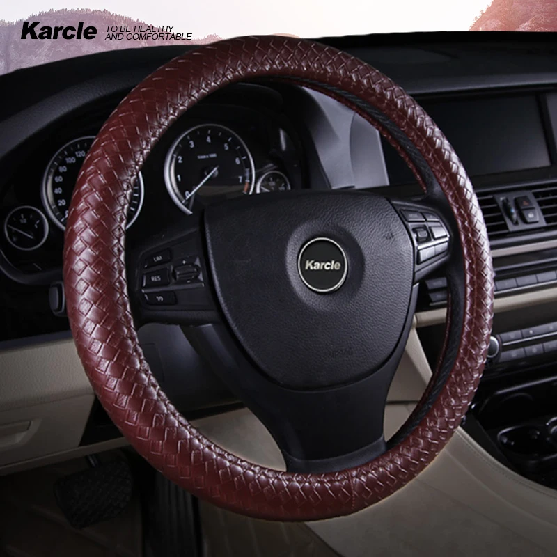 Karcle Braiding Style Steering Wheel Cover Protector PU Leather Woven Pattern Steering Cover Universal 15 Inch Car Styling