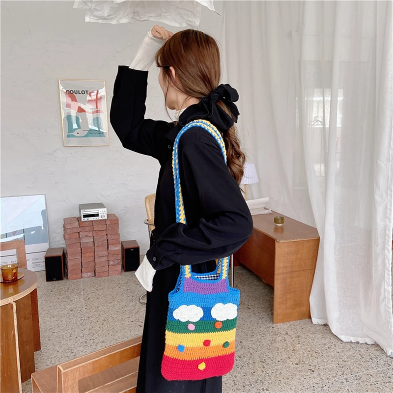 Youda New Design Knitted Rainbow Colors Women Shoulder Bags Classic Large Shopping Bag Casual Ladies Handbags Girl\'s Tote