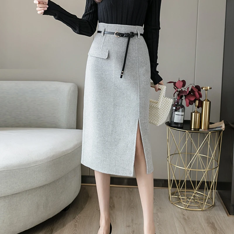 Solid High Waist Skirts Women 2020 Winter Woolen Skirt Long Slim Bodycon Pencil Jupe Femme With Belt Side Slit Midi Saias Mulher