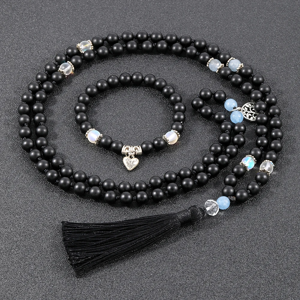 

OAIITE Natural Matte Black Onyx Stone Necklace 108 Japamala Beads Necklace Bracelet Women Men Jewelry Set For Yoga Meditation