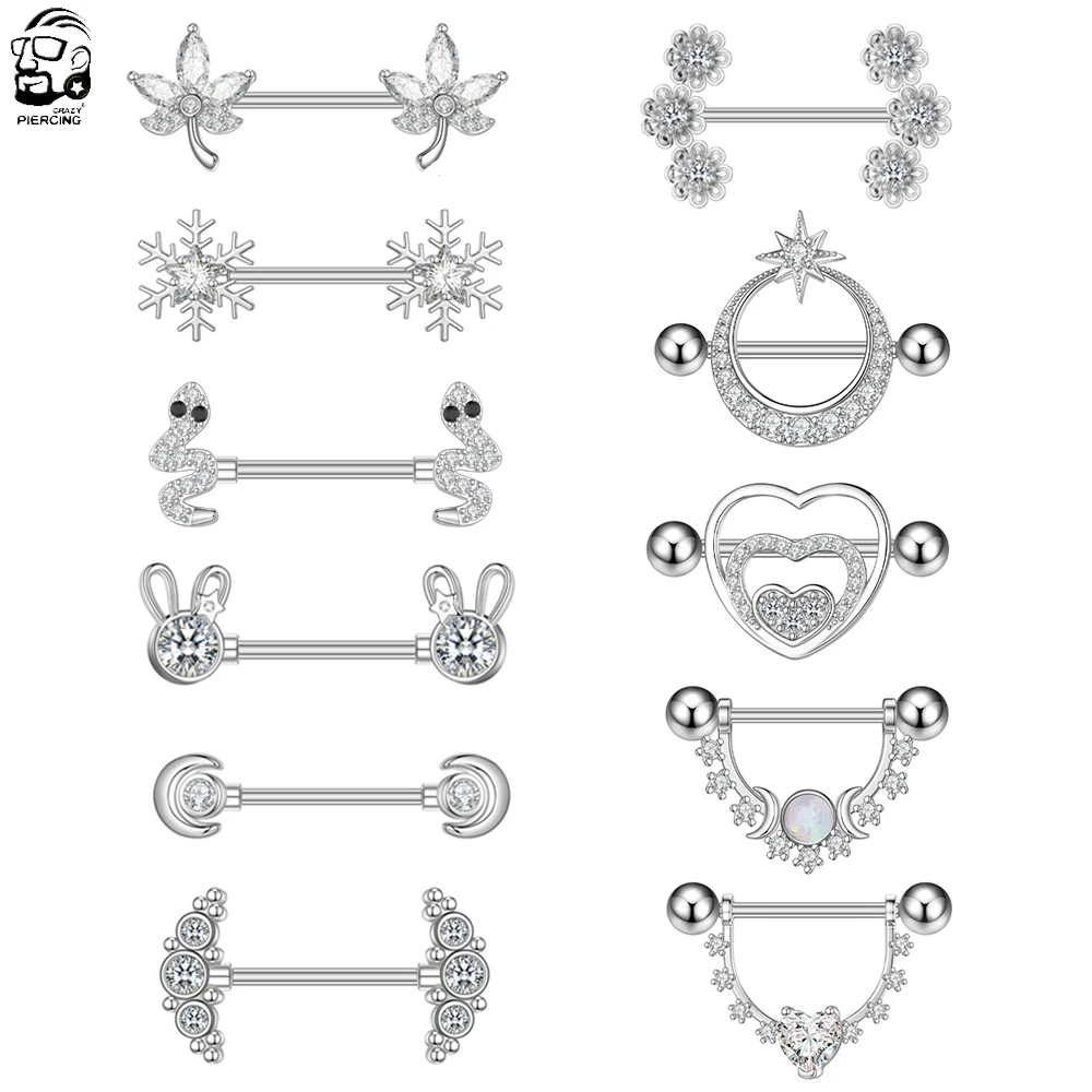 2PCS Snake Rabbit Heart Nipple Piercings Shield Women Nipple Rings Cover Barbell Breast Crystal Steel 14G Body Piercing Jewelry