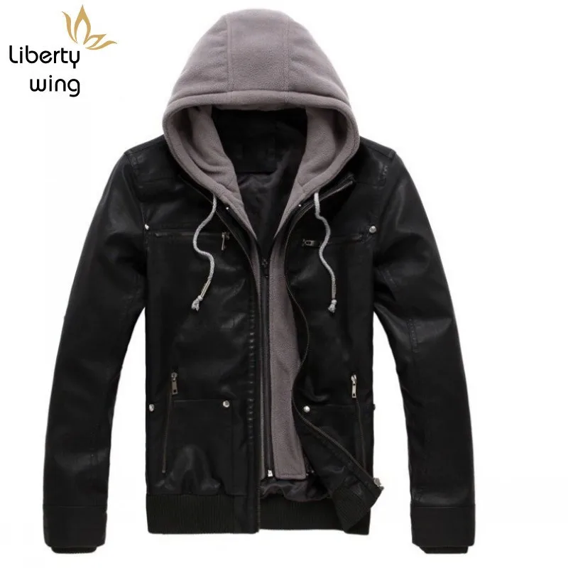 

Casual Korean Autumn Mens Hooded Faux Outerwear Coats Moto Biker Slim Hat Detachable Male PU Leather Jackets Plus Size