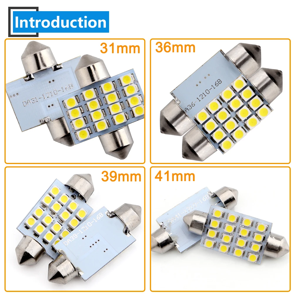 100pcs DC 12V 24V 1210 16 SMD 31mm 36mm 39mm 41mm LED Festoon Bulbs C5W Car Dome Reading Reading Pate Number Lights White