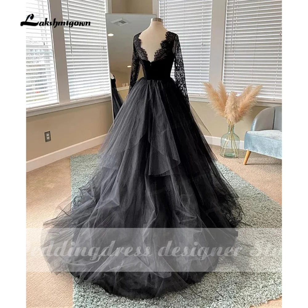 Eenvoudige Gothic Zwarte Trouwjurken 2021 Lange Mouwen Boho A-lijn Bridal Dress Vintage Sweetheart Bruidsjurken Vestido De Novia