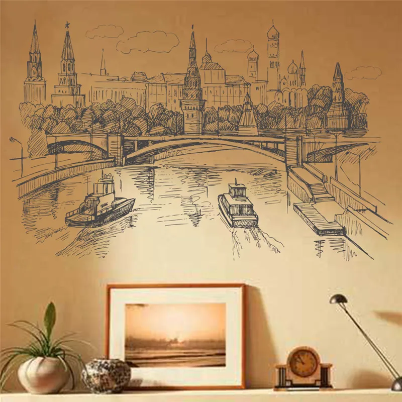 Sketch Style Kremlin Moscow River Scenery Wall Stickers For Home Decoration Landscape Wall Mural Art Diy Pvc Wall Decals