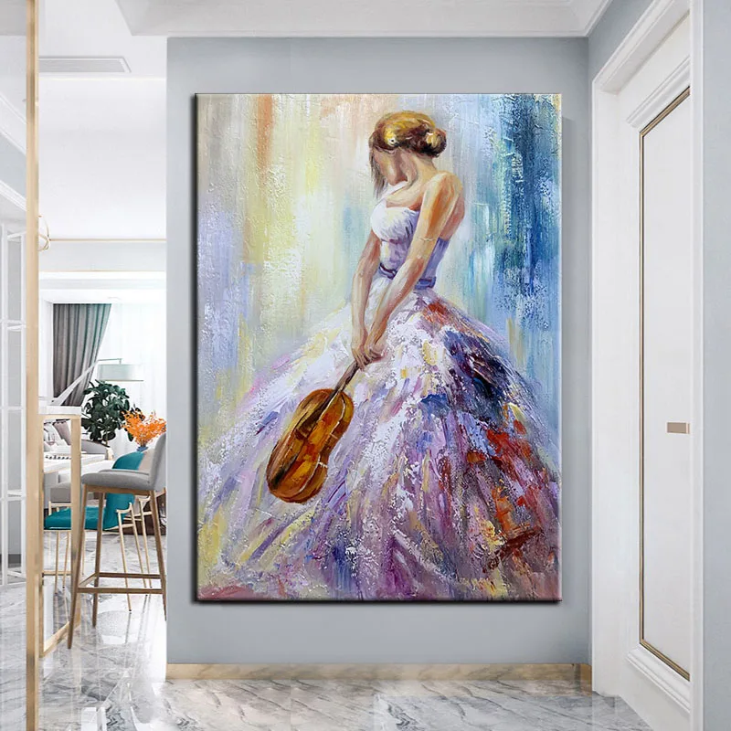 

100% Hand Painted Violin Girl Abstract Hand Made Oil Painting Wall Art Home Decor Wall Pictures Modern On Canvas Frameless