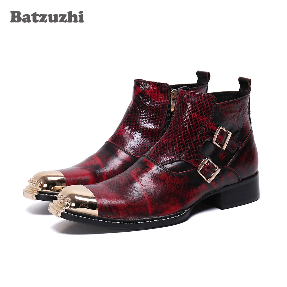 

Batzuzhi Fashion Men Boots Gold Iron Toe Luxury Men's Leather Boots Ankle Buckles Red Party Wedding Dress Boots chaussure homme