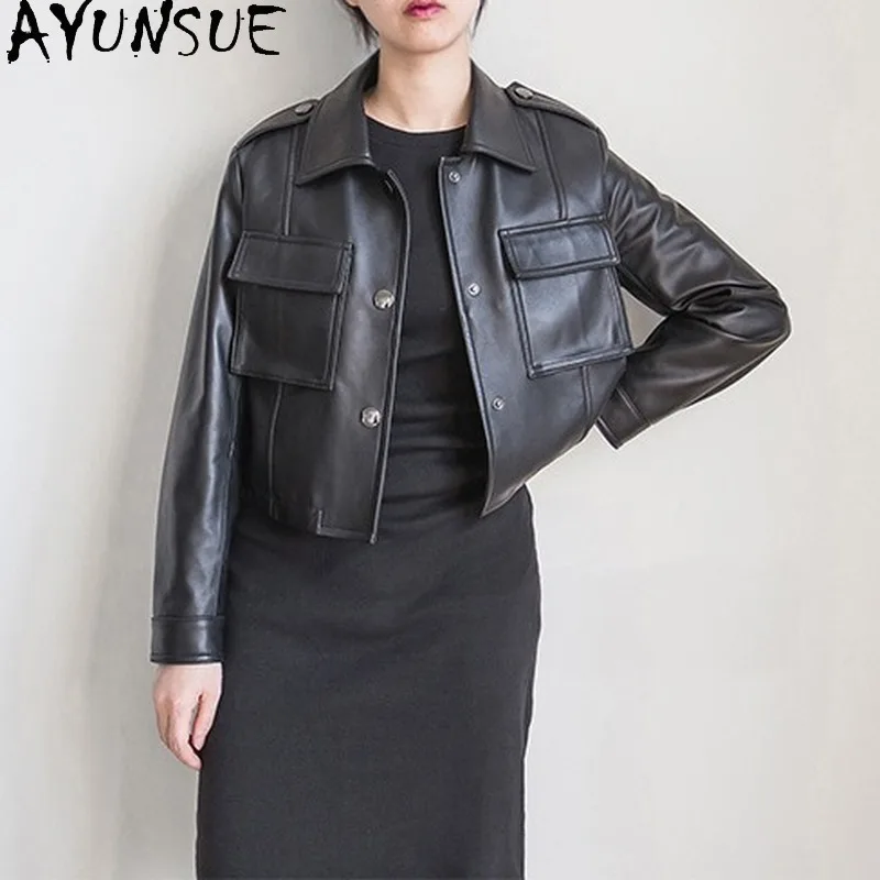 AYUNSUE Ngắn Chính Hãng Áo Khoác Da Nữ 100% Da Cừu Tự Nhiên Áo Khoác Nữ Thu Xuân Áo Khoác Casual 2021 Chaquetas De Mujer