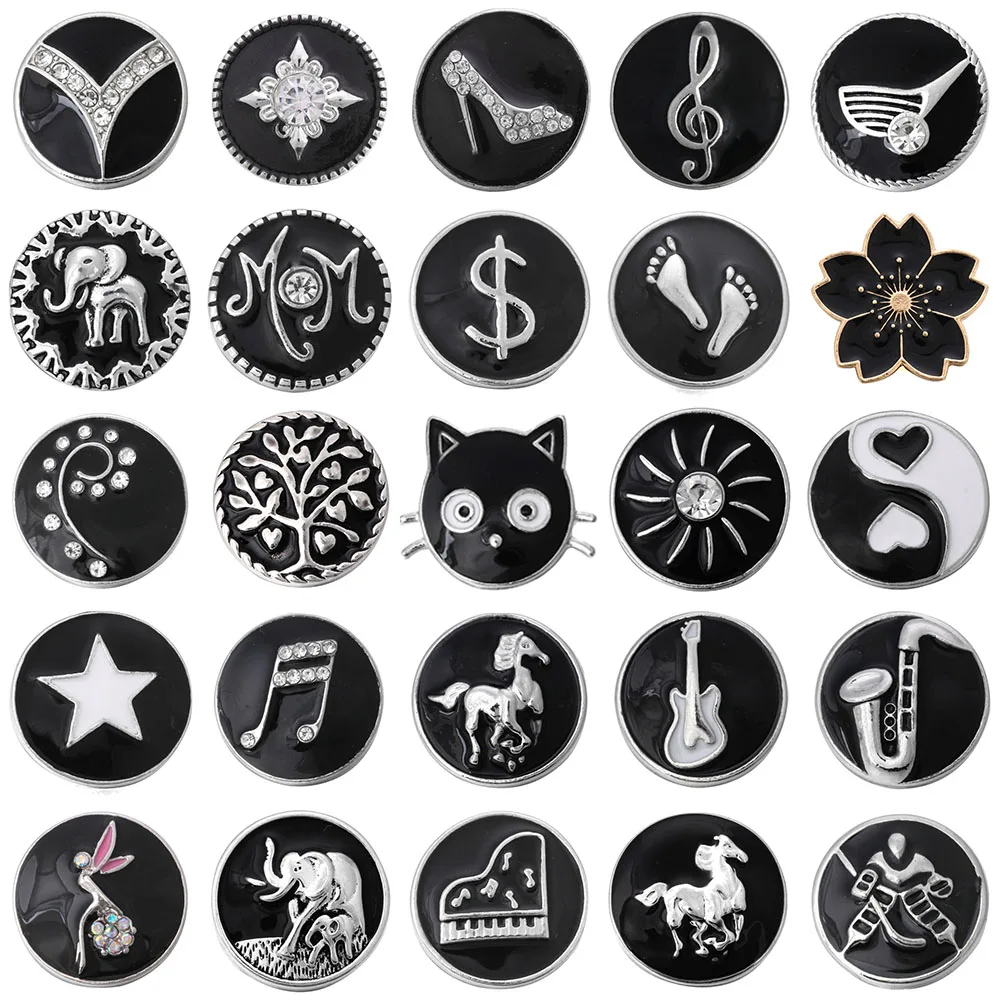 6pcs/lot New Snap Jewelry Black Drip Oil Mom Cat Tree Elephant 18mm Snap Button DIY Bracelet for Women Girls Gift Accessories